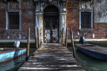 Poster - a boat is docked in front of a brick building, ideal for use as a background or in scenes with water