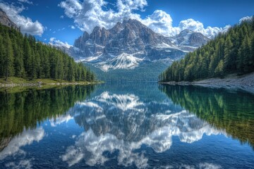 Poster - A serene lake surrounded by lush greenery and a majestic mountain in the background