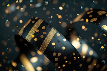 Poster - A close-up shot of a ribbon with colorful confetti in the background, ideal for party or celebration-themed projects