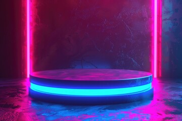 Poster - A round table with neon lights in a dark room, useful for crime scene or detective story concept images