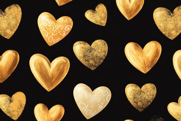 Poster - A collection of shiny gold hearts scattered across a dark, matte black surface