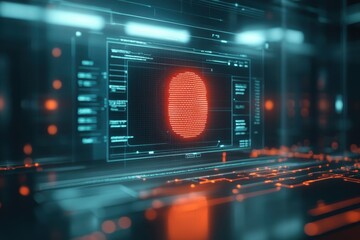 Poster - Digital fingerprint scanning technology displayed on futuristic interface in a tech environment