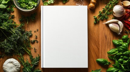 Poster - A cookbook filled with recipes and surrounded by fresh herbs and spices for added flavor and aroma