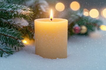 Poster - A lone lit candle sits atop snow-covered ground, perfect for winter scenes or cozy ambiance