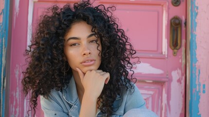 Poster - A woman with curly hair sits in front of a pink door, ready to enter or leave