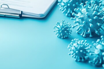 Poster - Blue virus models next to a clipboard on a blue background illustrating healthcare research