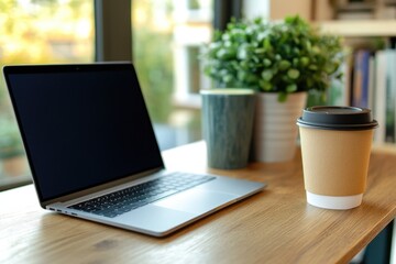 Poster - A laptop computer placed on a wooden desk
