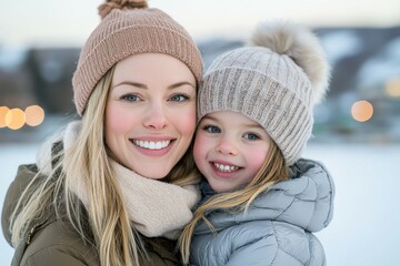 Wall Mural - A woman and a child are smiling and wearing hats