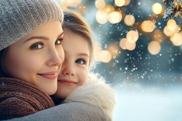 Wall Mural - A woman and a child are hugging each other in the snow