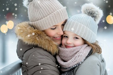 Wall Mural - A woman and a child are hugging each other in the snow