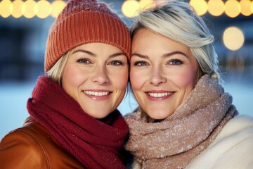 Wall Mural - Two women wearing red and white scarves and hats are smiling at the camera