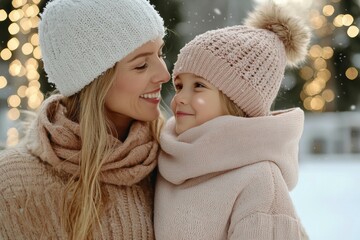 Wall Mural - A woman and a child are standing together in the snow, both wearing hats