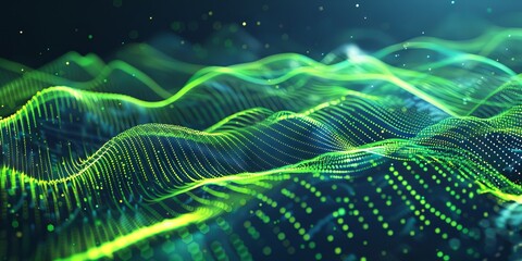 Poster - Abstract Green Wave Flow with dotted texture on Dark Background. Concept of Digital Technology, Modern Design, and Futuristic Patterns