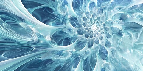 Poster - Abstract Spiral Fractal Art in Blue Green Hues Concept of Dynamic Energy Fluidity Modern Design and Digital Creativity. Background