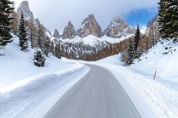 Wall Mural - A snowy road with a mountain range in the background