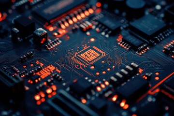 Poster - Close-up of a circuit board showcasing intricate electronic components lit by warm ambient light