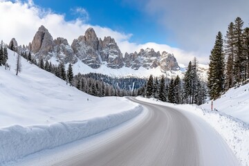 Wall Mural - A snowy mountain range is in the background of a road