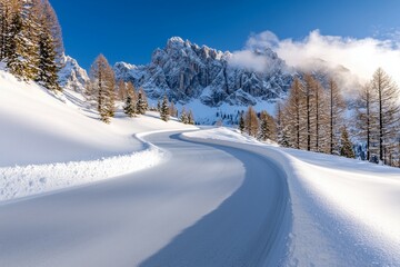 Wall Mural - A snow covered mountain range with a winding road in the foreground