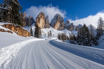 Wall Mural - A snow covered road with a mountain range in the background