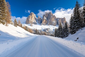 Wall Mural - A snow covered road with a mountain in the background