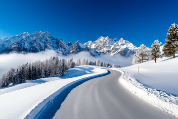 Wall Mural - A snow covered road with a mountain in the background