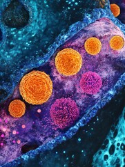 Poster - A close-up exploration reveals dynamic cells and their structures, highlighting vivid colors and complex biological organization in detail. Generative AI