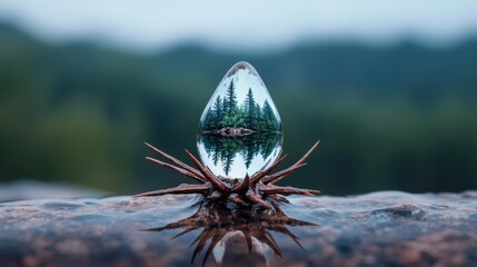 Wall Mural - Enchanted forest reflection in water droplet