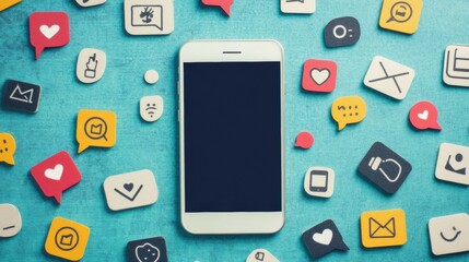 Aufkleber - A smartphone sits on a bright surface, surrounded by various notification icons representing likes, comments, and messages. Generative AI