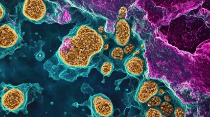 Poster - Cells and structures are observed at the microscopic level, revealing vibrant colors and complex interactions among biological entities. Generative AI