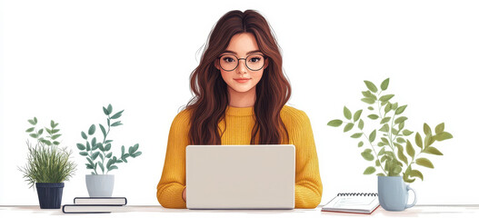 Poster - Young Woman in Glasses Working on Laptop and Taking Notes in a Modern Workspace