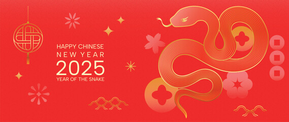 Happy Chinese new year 2025 background vector. Year of the snake design wallpaper with Chinese pattern, gold hanging lantern. Modern luxury oriental illustration for cover, banner, website, envelope.