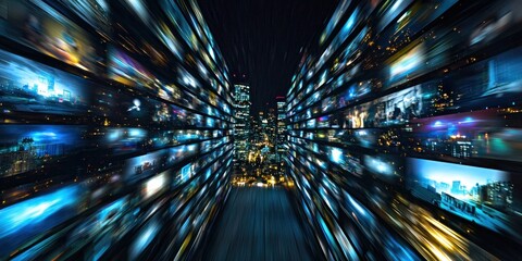 Poster - Abstract Cityscape with Blurred Lights and Screens
