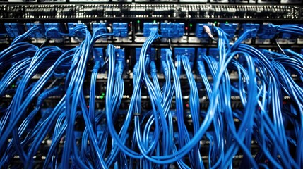 Poster - Tangled Blue Network Cables Connected to Server Racks