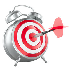 Poster - alarm clock with target and arrow in bullseyes, 3d rendering isolated on transparent background
