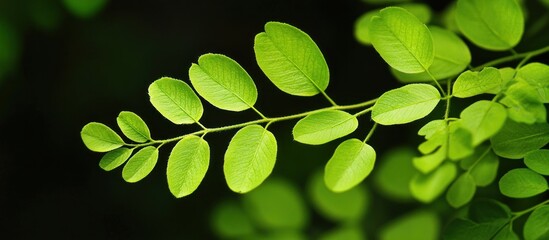 Poster - Close-up of Green Leaves on a Branch Against a Dark Background