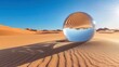 © sablengjago - A crystal ball sits on a sand dune in the desert, reflecting the vast and endless landscape. The sun shines brightly in the blue sky.
