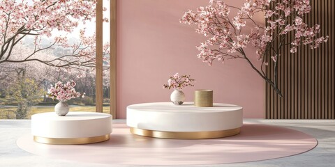 Aufkleber - two white round podiums with gold trim on a pink background with cherry blossoms and window view.