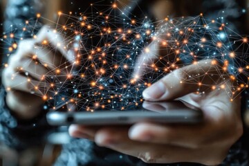 Fototapete - Hand Interacting with a Digital Network on a Smartphone