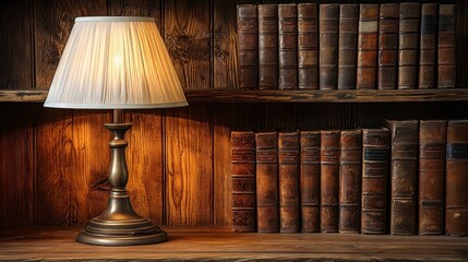 Aufkleber - A Vintage Lamp and Antique Books on a Wooden Bookshelf