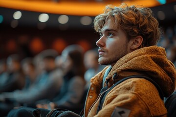 Poster - Young Man With Blonde Hair and Beard Listening Attentively in a Crowd