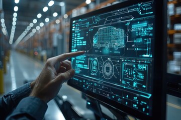 Poster - A Man's Hand Interacting with a Futuristic Interface Displaying a Truck with Cargo Containers
