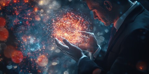 Aufkleber - A man in a suit holding a glowing network sphere