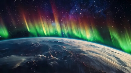 Wall Mural - mesmerizing view of the aurora borealis from space, displaying vibrant colors over the earth with a 