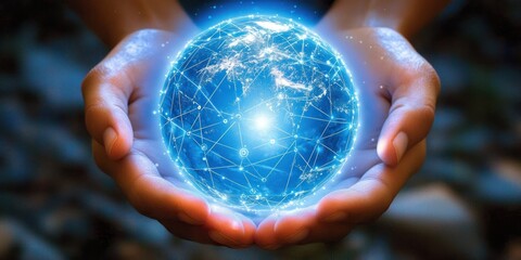 Poster - A pair of hands cradling a glowing digital globe with connected lines.
