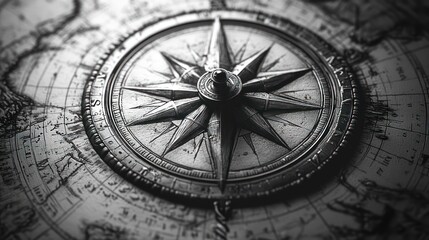a close-up of a compass rose with a compass needle pointing north on a vintage map.