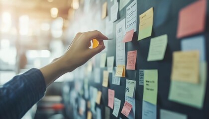 Aufkleber - Hand Placing Post-it Note on a Wall Covered in Notes