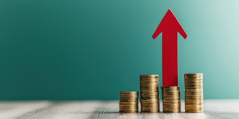 Aufkleber - Red Arrow Pointing Upward Over Stacked Gold Coins