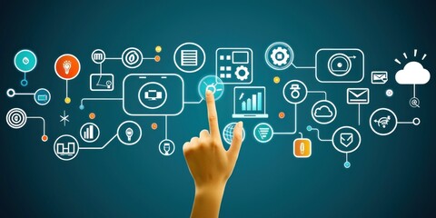 Aufkleber - Hand Interacting with Digital Network of Icons on Blue Background