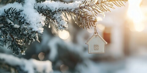 Poster - House-shaped ornament hanging from a snow-covered pine branch