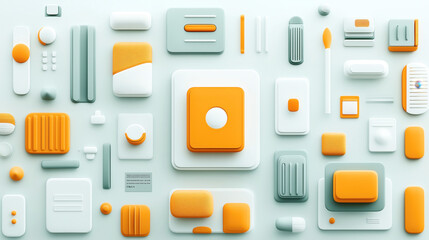 Wall Mural - Abstract geometric layout with colorful 3D shapes including rectangles, circles, and ovals in orange, white, and gray on a light background.